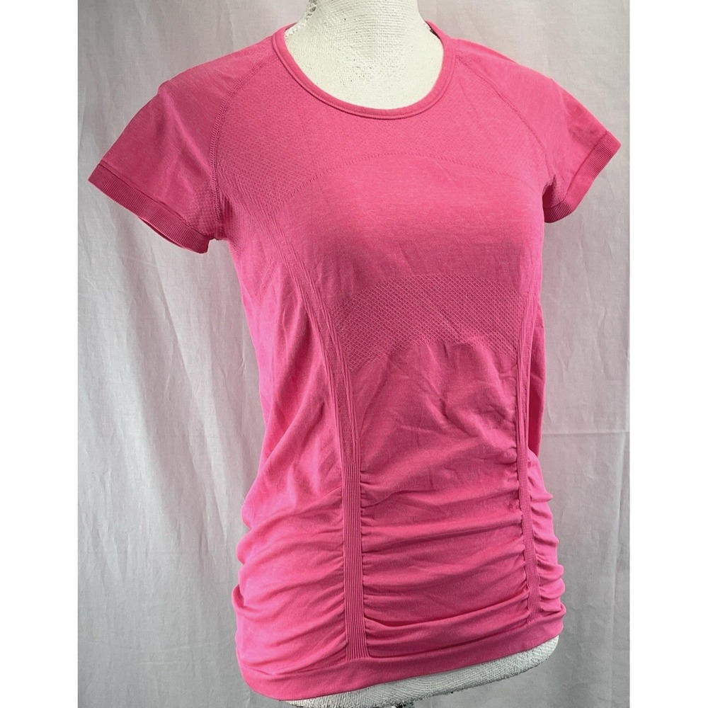 Athleta Women Fastest Track Size Small Tee Short Sleeve Hot Pink Ruched Stretch